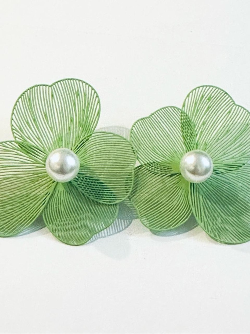 Green Floral Wirework Earrings with Pearl Centers
